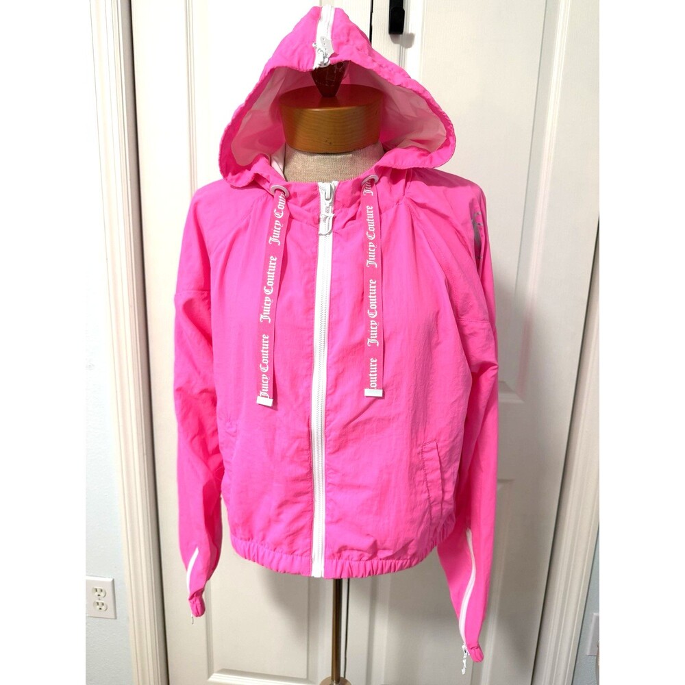 Juicy Couture Hot Pink Rhinestone Crown Hooded Windbreaker Jacket Size L NEW